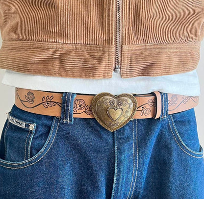 Brown Floral Heart Western Style Belt