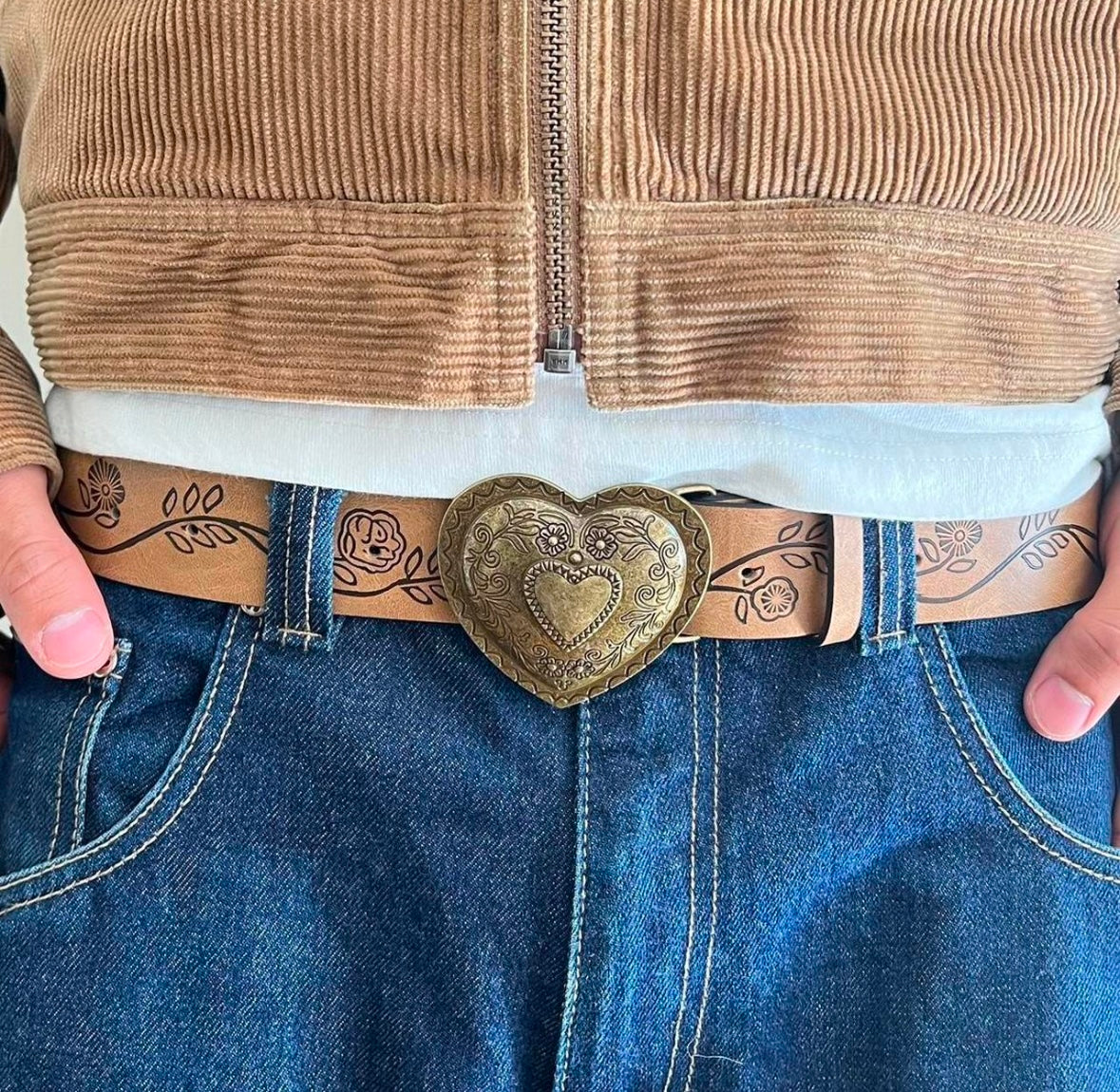 Brown Floral Heart Western Style Belt