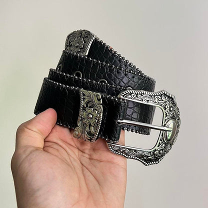 Black Textured Cowboy Style Belt